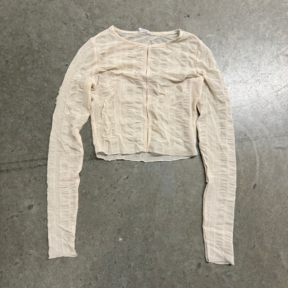 Cotton On Womens XS Cream Mesh Textured Long Sleeve‎ Hook and Eye Crop Top